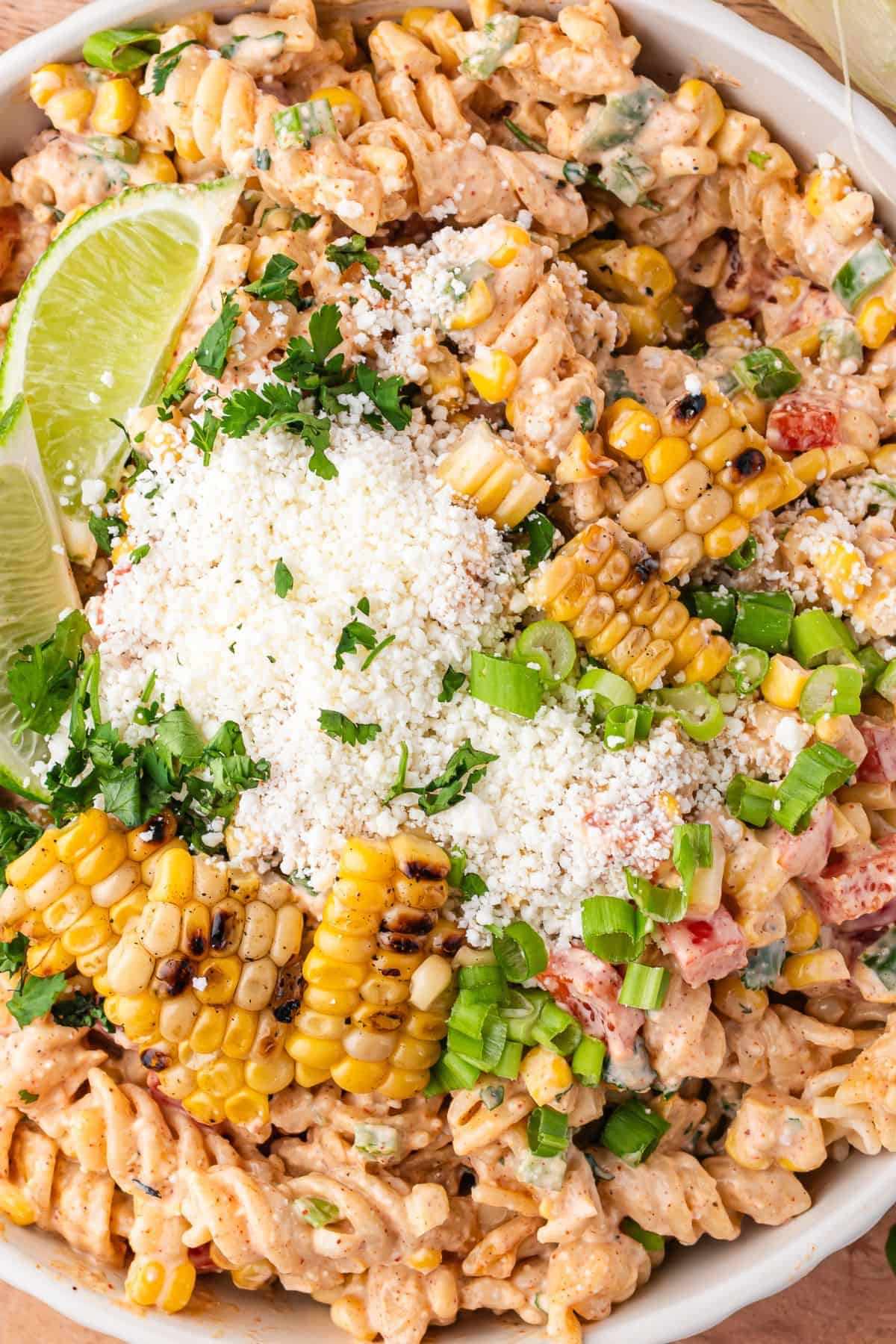Mexican street corn pasta salad with charred corn and tangy dressing
