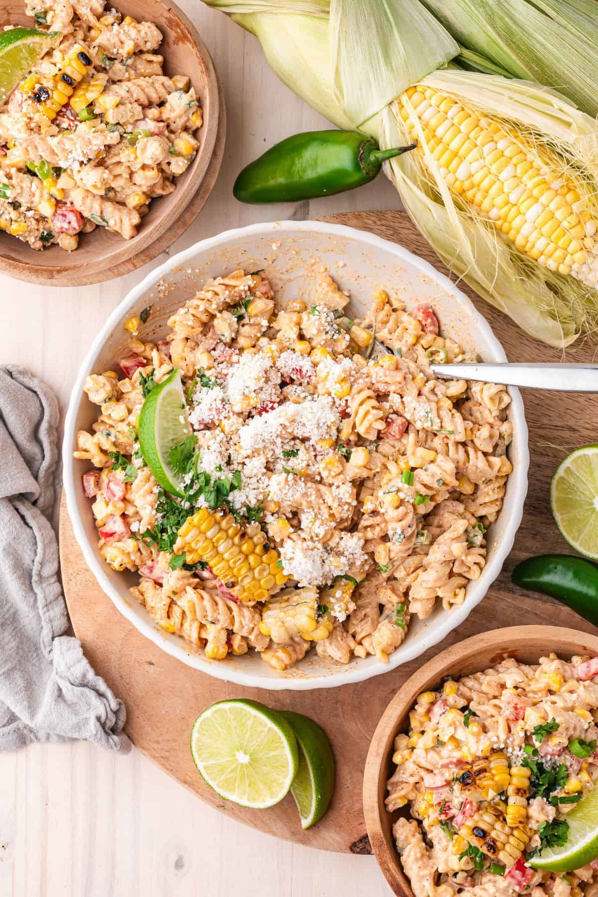 Mexican corn pasta salad with cilantro, jalape&ntilde;o, and chili lime sauce