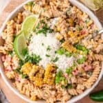 Street corn pasta salad with fresh cilantro and spicy jalapeño