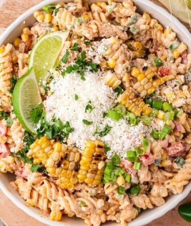 Street corn pasta salad with fresh cilantro and spicy jalapeño