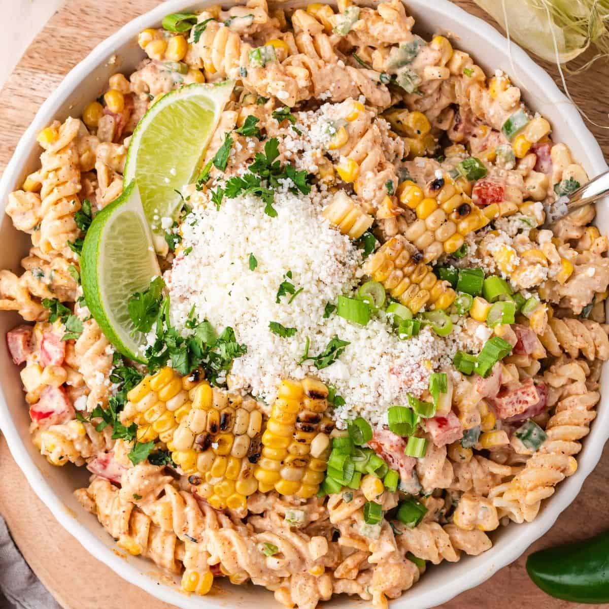 Street corn pasta salad with fresh cilantro and spicy jalape&ntilde;o