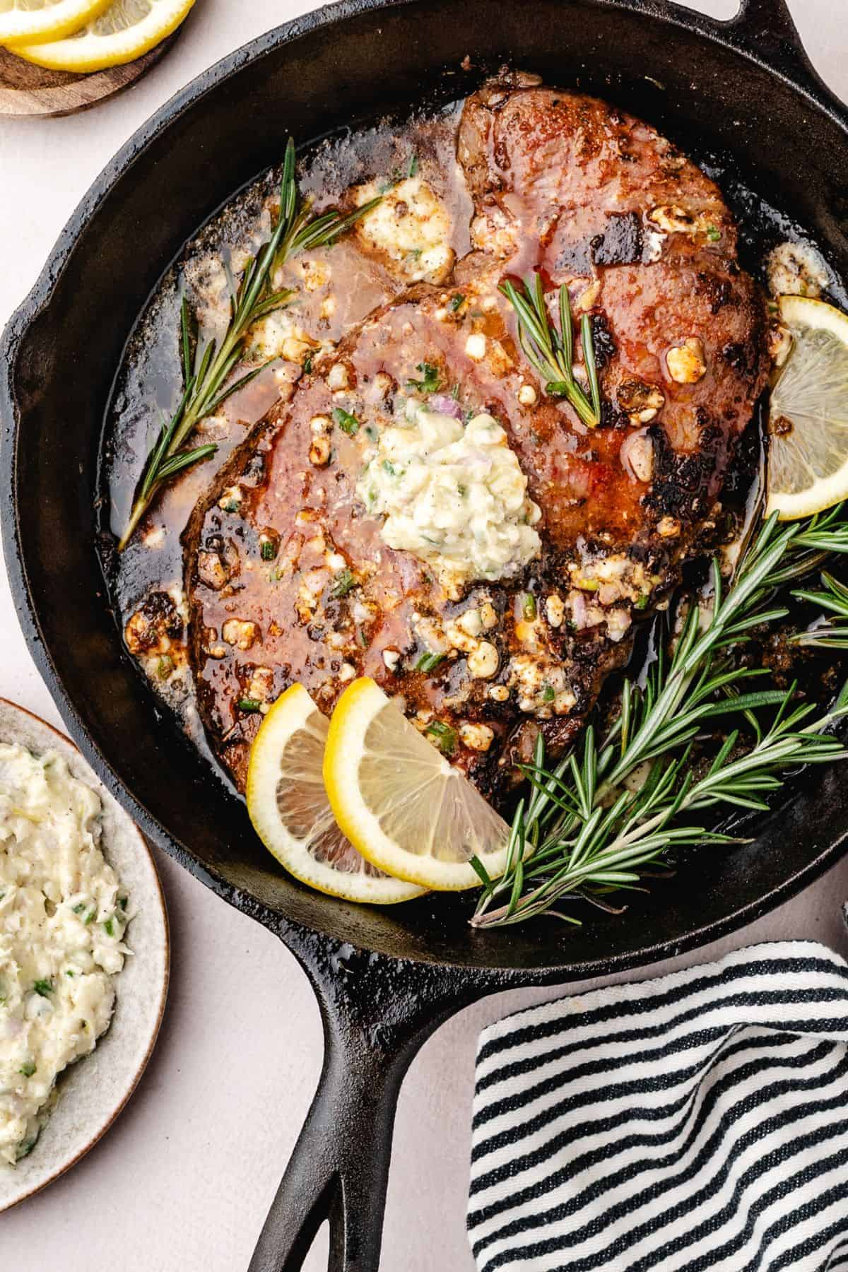 seared Steak topped with melting blue cheese butter for extra richness