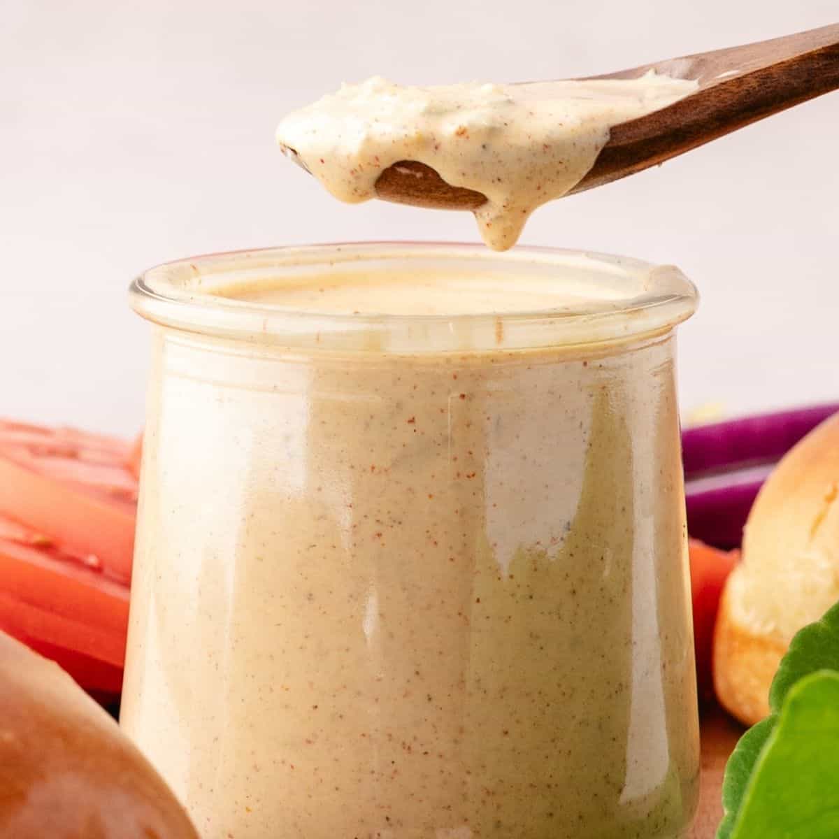 Homemade burger sauce with pickle bits and seasoning