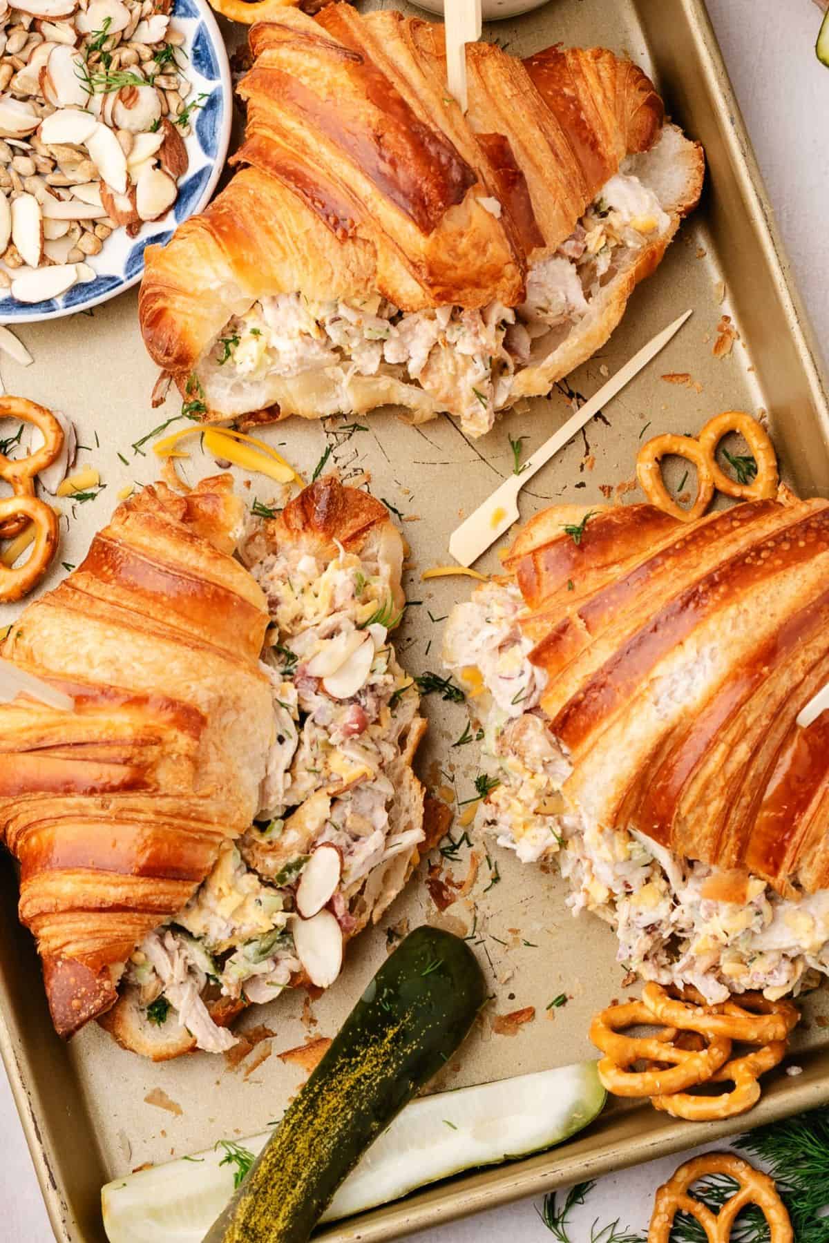 Old fashioned dill pickle chicken salad served in a croissant