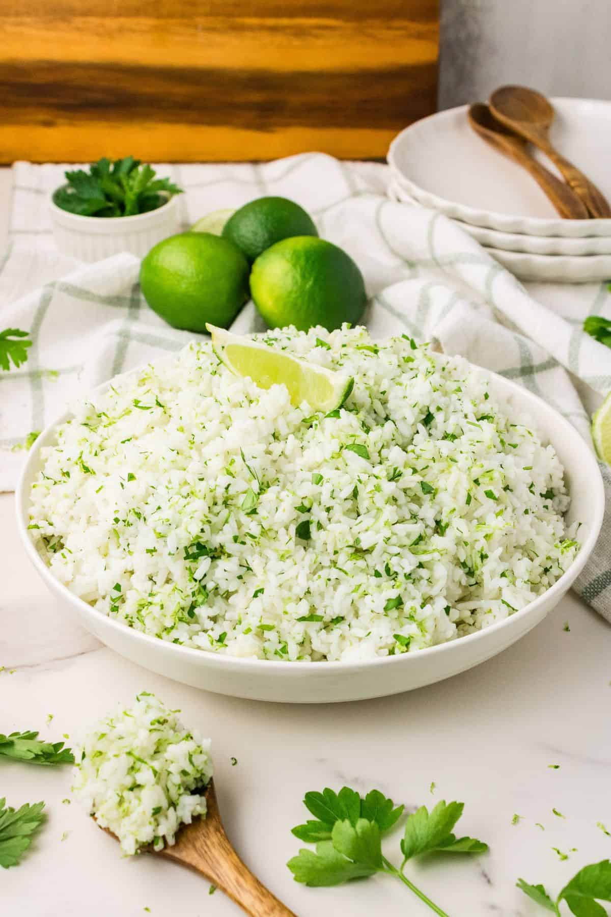 Fresh cilantro lime rice recipe served warm in a bowl