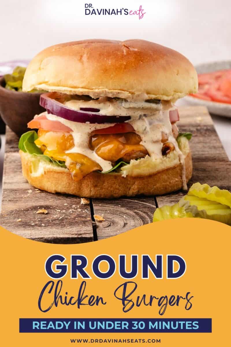 Ground chicken burger with lettuce, tomato, and creamy sauce