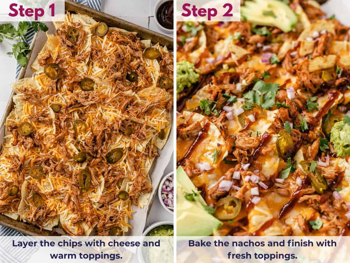 Layer tortilla chips with cheese and warm toppings, bake until melted, then finish with fresh toppings