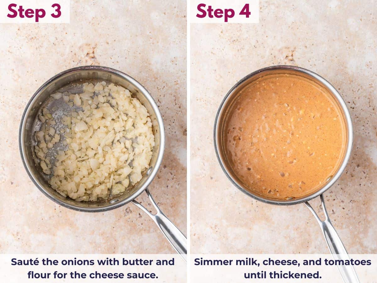 Saut&eacute; onions in butter, add flour, then simmer milk, cheese, and tomatoes into a thick sauce
