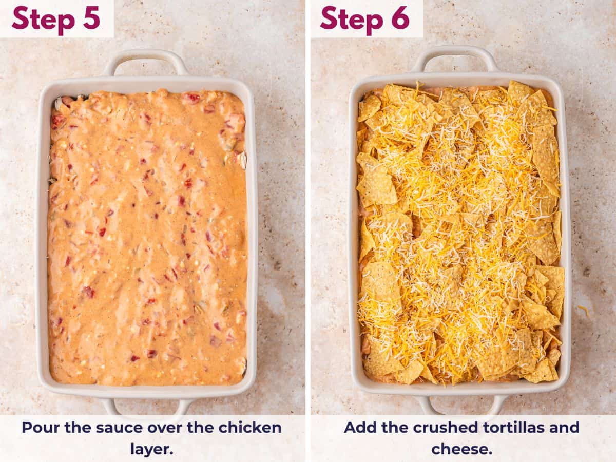 Pouring cheese sauce over the chicken mixture, then topping with crushed tortillas and shredded cheese before baking
