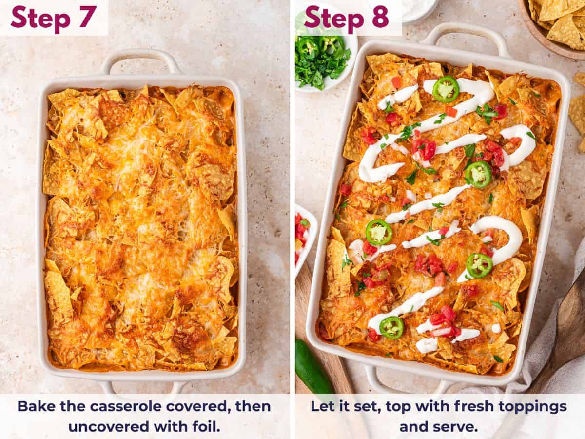 mexican chicken casserole after baking and with sour cream, pico de Gallo and sliced jalape&ntilde;os on top