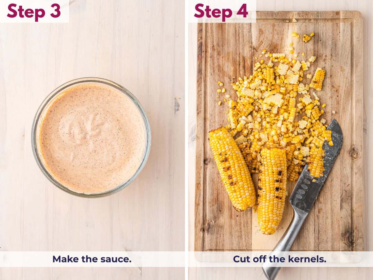 Prepare the creamy sauce and slice kernels off the grilled corn
