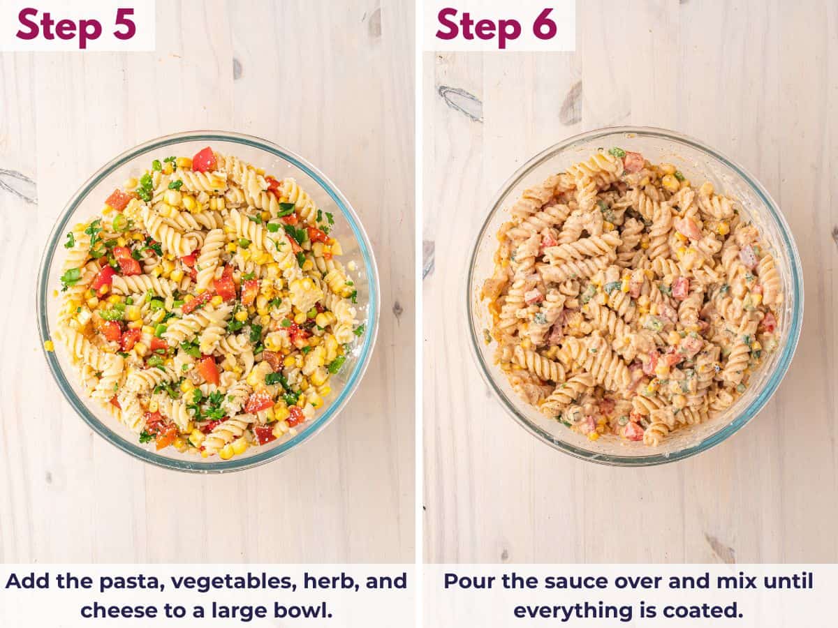 Combine pasta, vegetables, herbs, and cheese, then toss with sauce