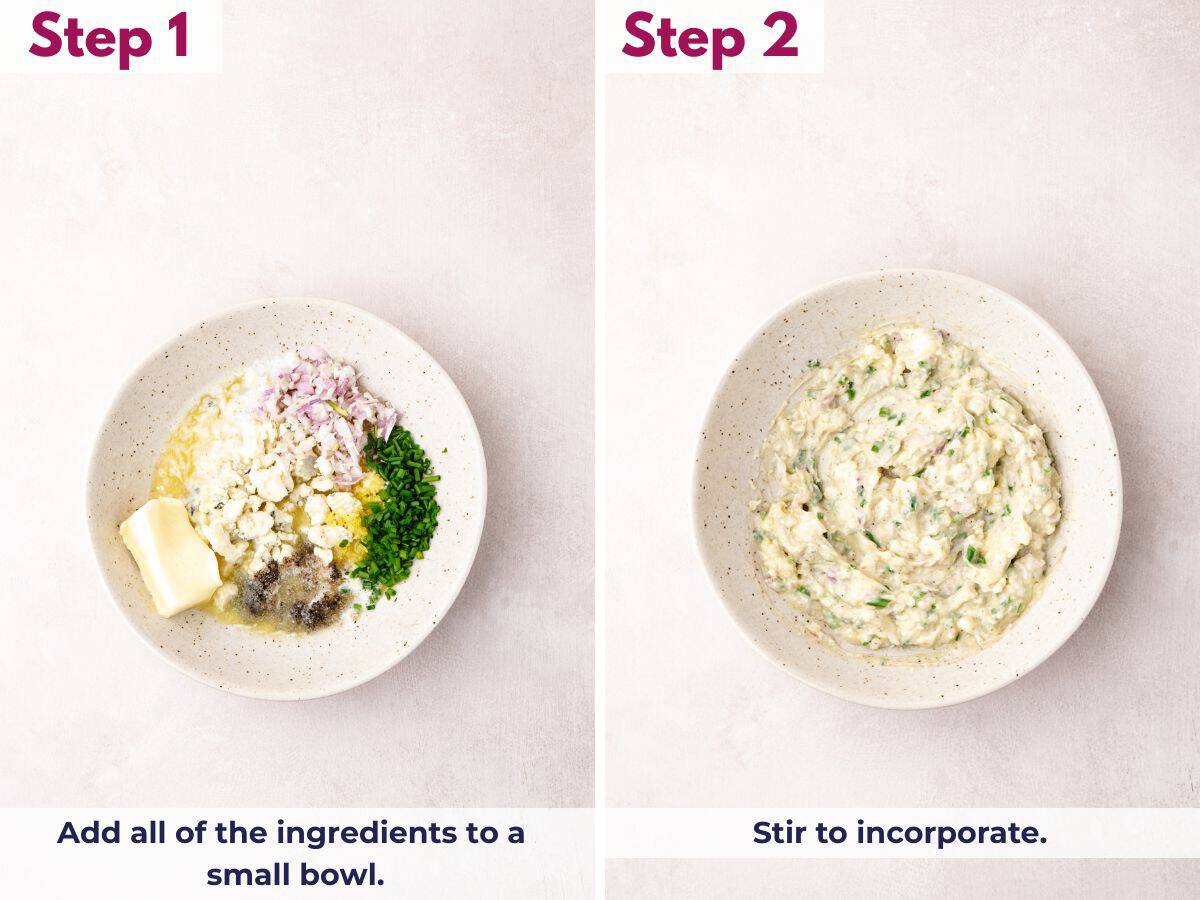 Adding blue cheese butter ingredients to a bowl and stirring until creamy and combined