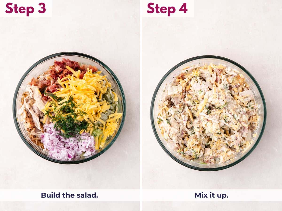 Combine chicken, pickles, veggies, bacon, cheese, and dill, then stir until creamy and evenly coated