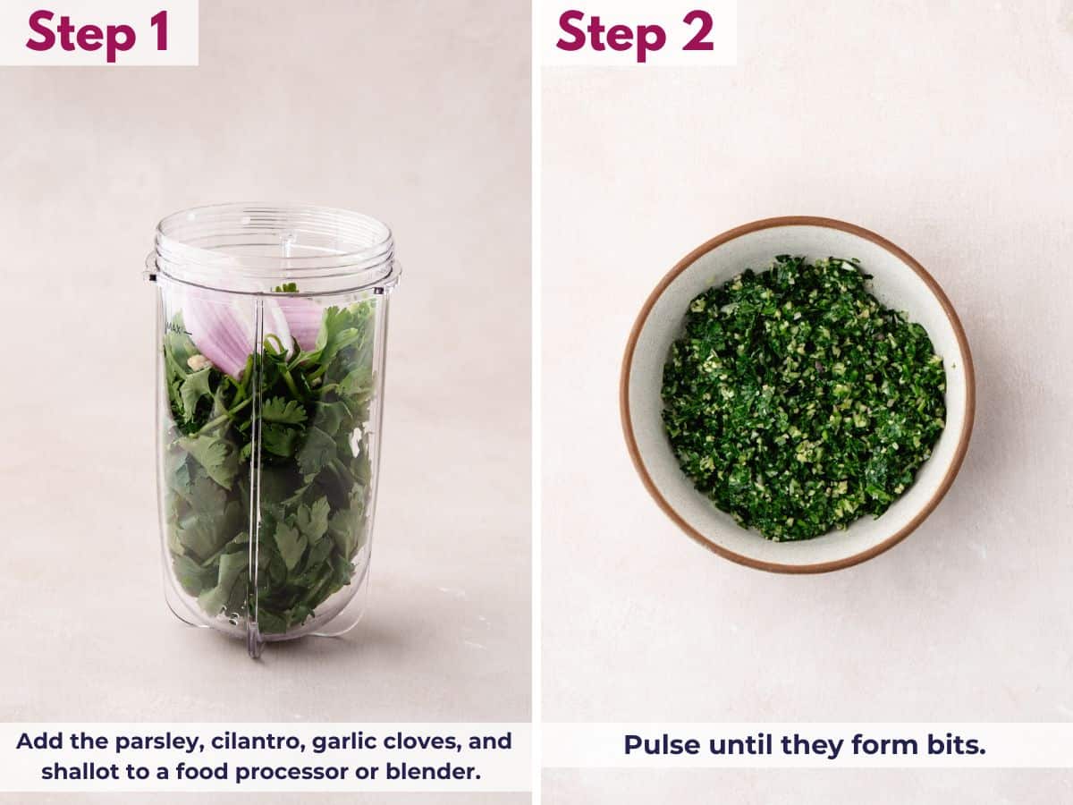 Parsley, cilantro, garlic, and shallot pulsed in a food processor until finely chopped