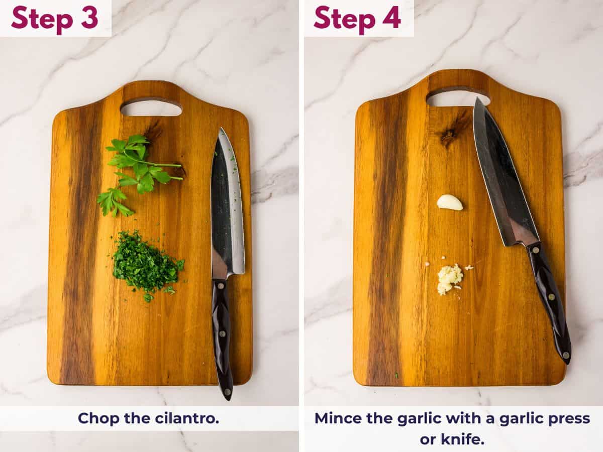 Chopping fresh cilantro and mincing garlic with a knife for cilantro lime rice