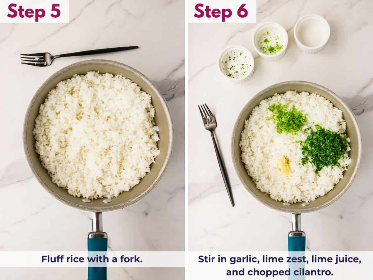 Fluffing cooked rice with a fork and stirring in garlic, lime zest, lime juice, and chopped cilantro