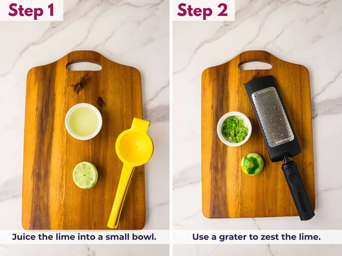 Juicing and zesting a fresh lime into a small bowl for cilantro lime rice