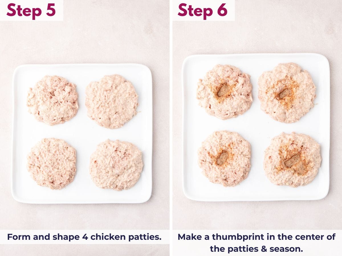 Shape ground chicken into patties, press center, season