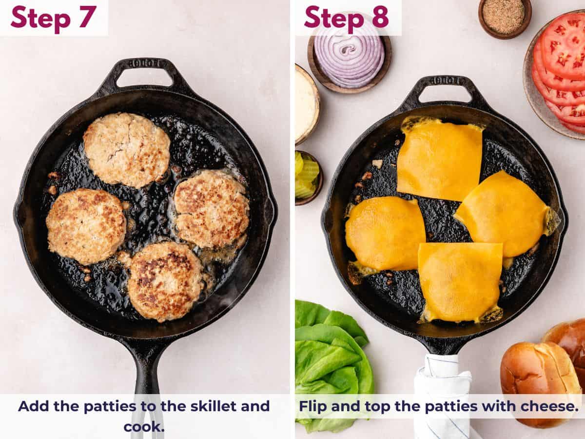 Cook chicken patties, flip, then top with melted cheese