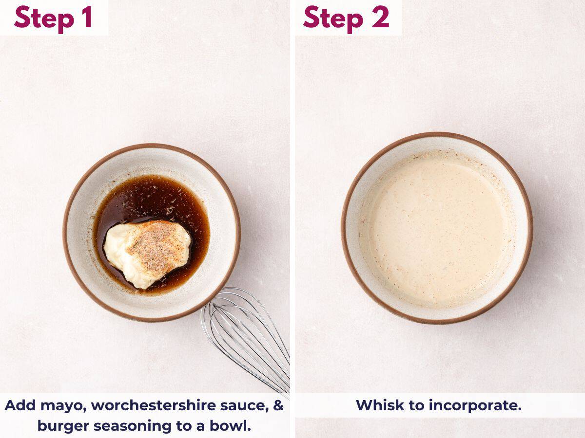 Whisk mayonnaise, Worcestershire sauce, and burger seasoning in a bowl