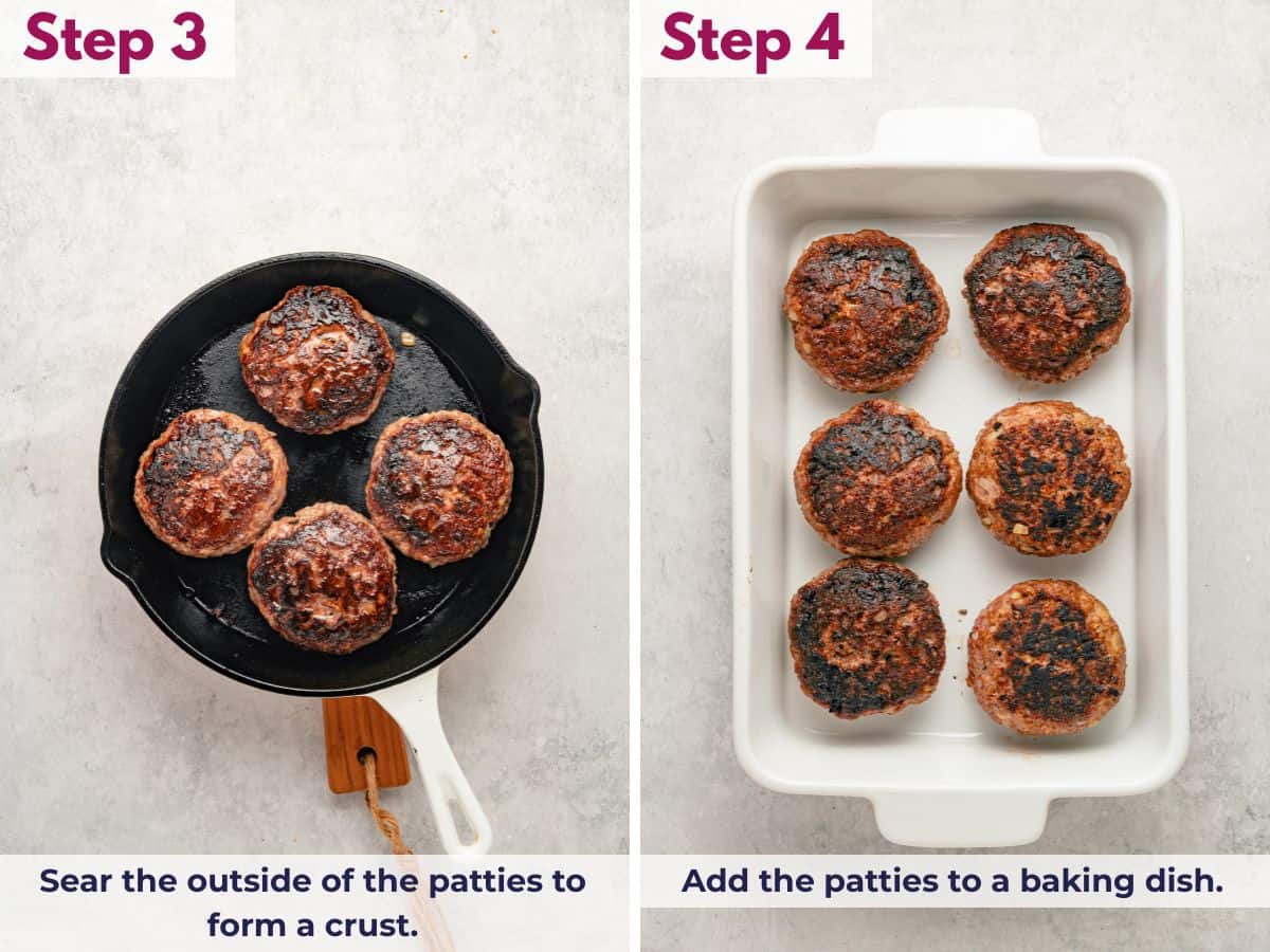 Searing hamburger steak patties to form a crust, then transferring them to a baking dish for baking