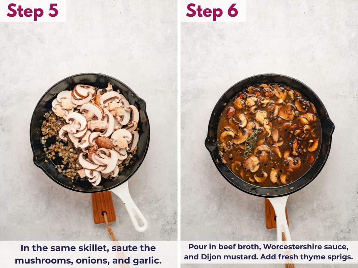 Saut&eacute;ing mushrooms, onions, and garlic in the skillet, then adding beef broth, Worcestershire sauce, Dijon mustard, and fresh thyme to build the gravy sauce