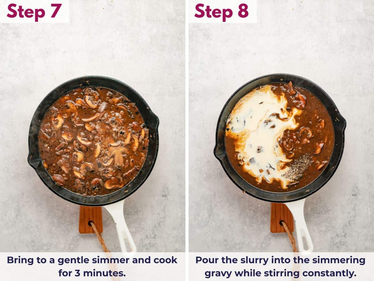 Simmering the gravy mixture, then stirring in a slurry to thicken the sauce while it cooks in the skillet