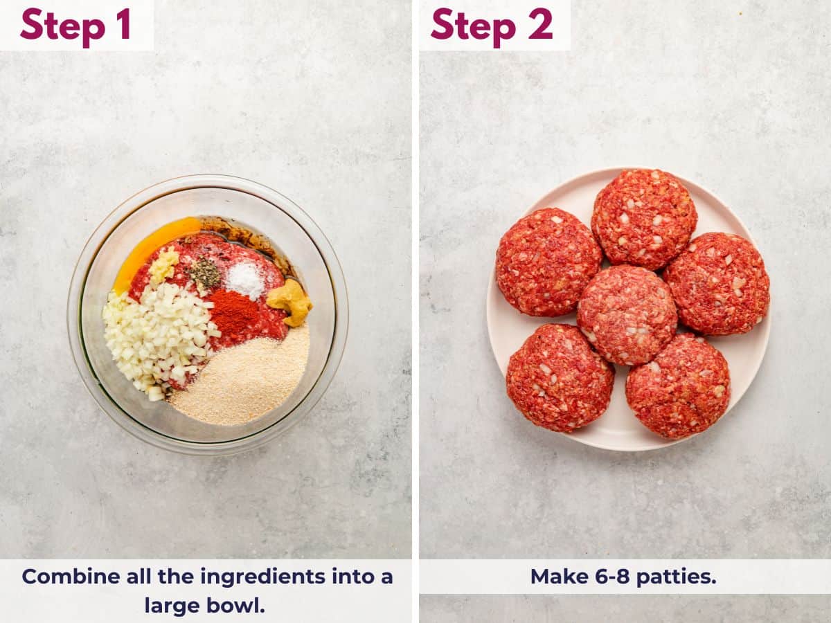 Combining ingredients in a bowl and shaping the mixture into 6&ndash;8 hamburger steak patties