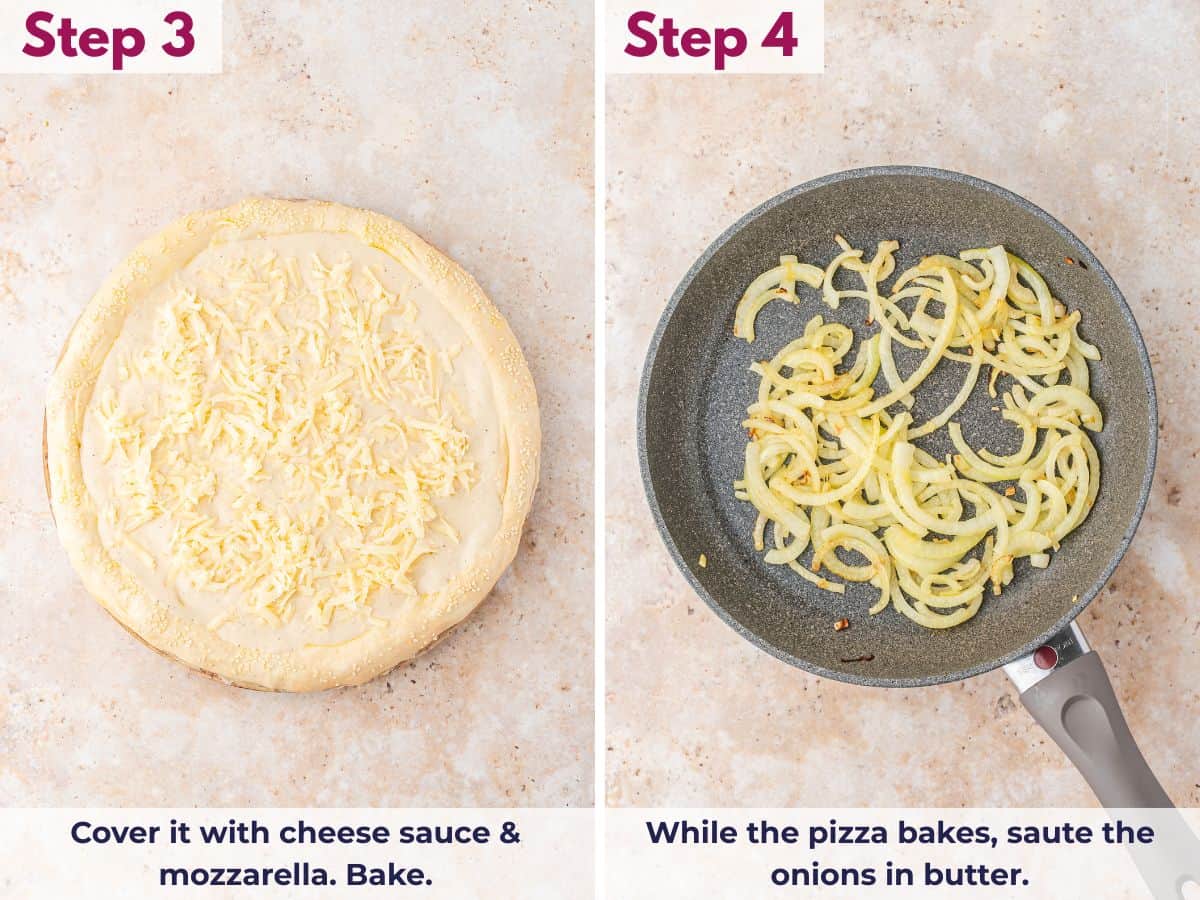 Spreading cheese sauce and mozzarella over pizza dough, baking, and saut&eacute;ing onions in butter while the pizza cooks