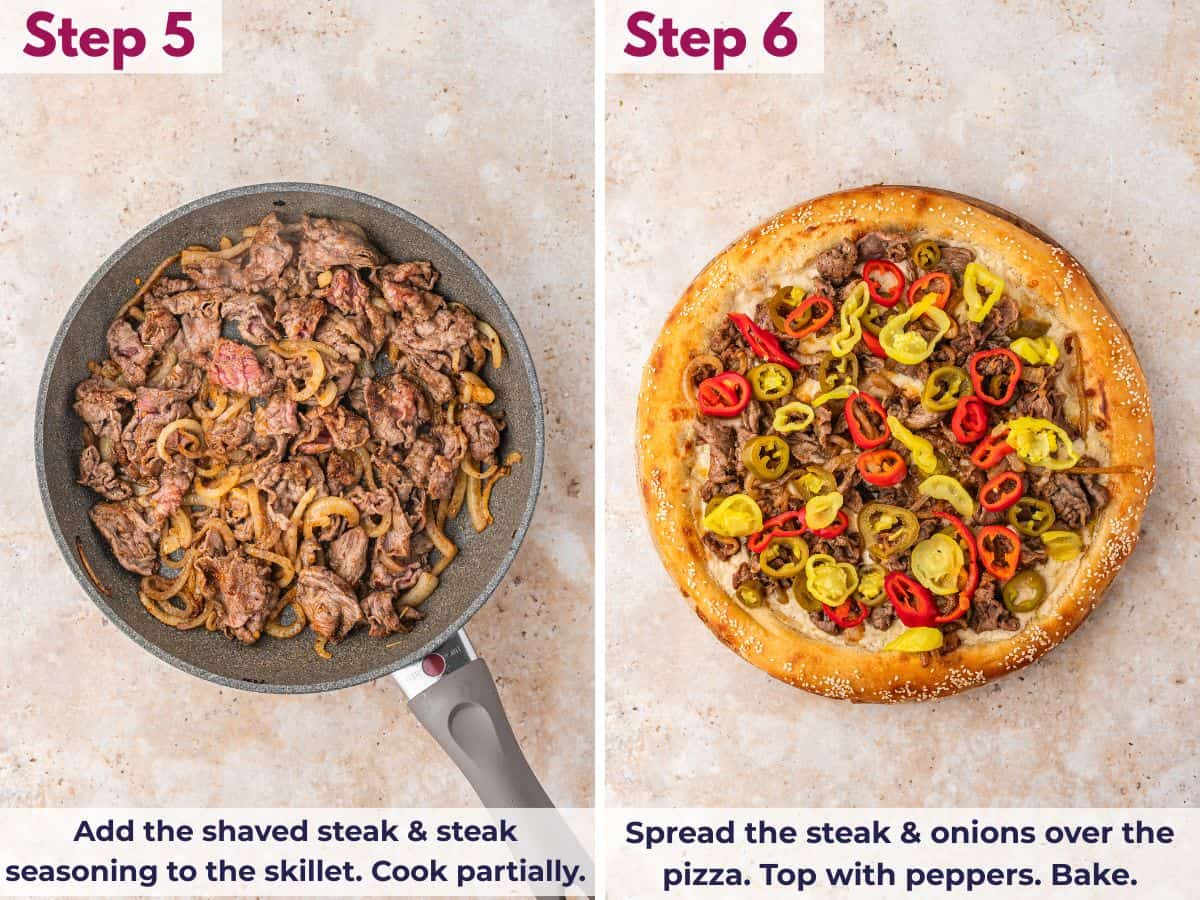 Cooking shaved steak with seasoning and onions, then topping the pizza with steak, onions, and peppers before baking
