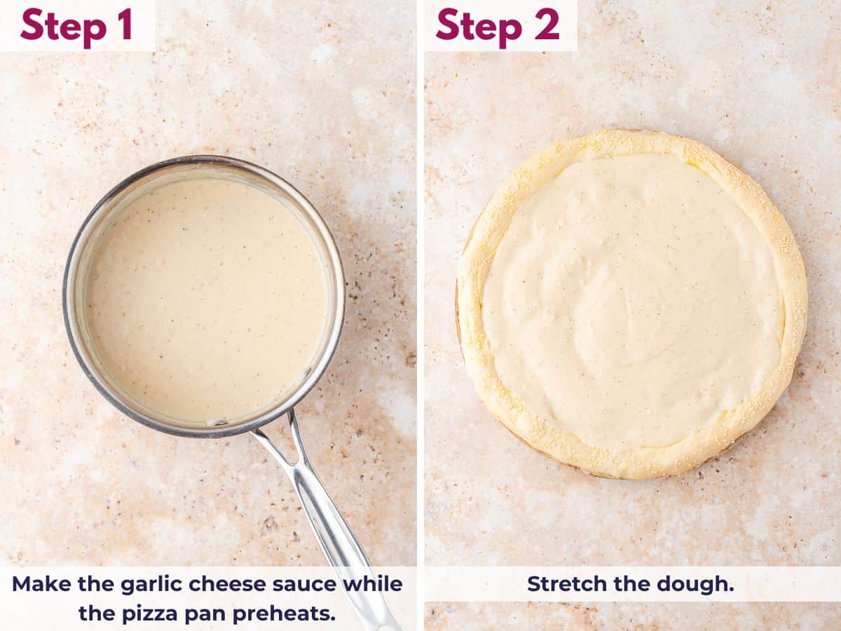 Preparing garlic cheese sauce while the pizza pan preheats and stretching pizza dough for Philly cheesesteak pizza