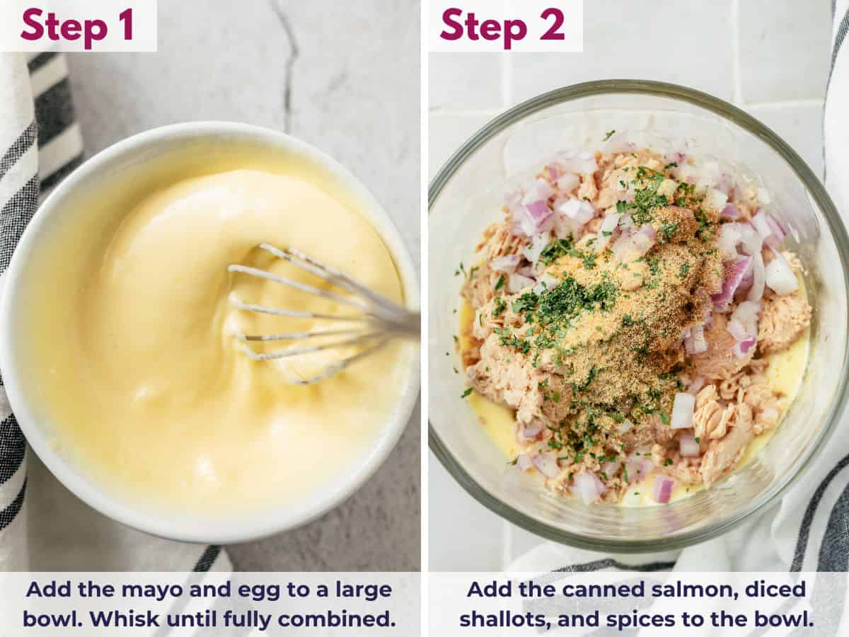 Whisk mayo and egg, then mix in canned salmon, diced onions, and seasonings