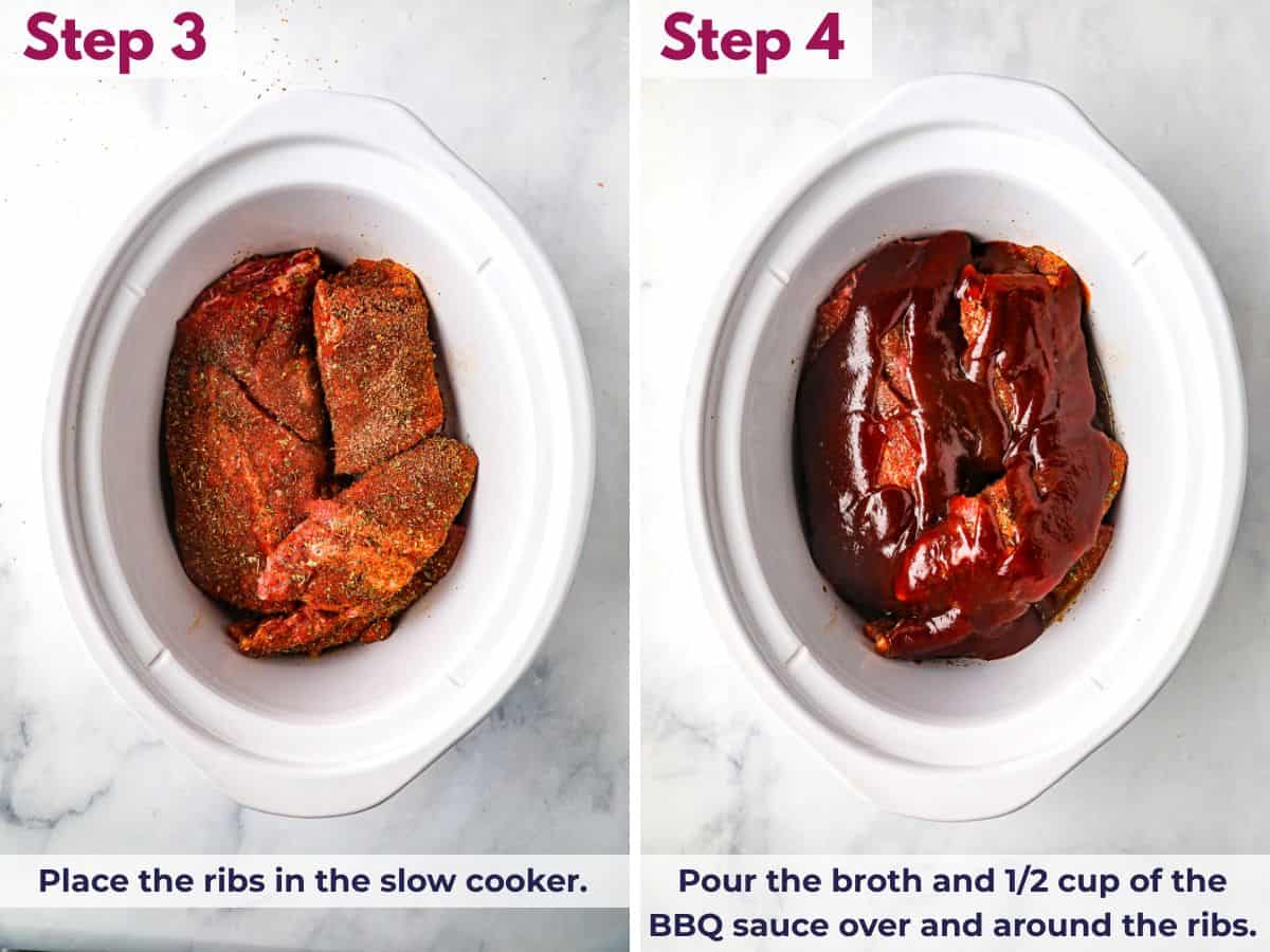 Placing seasoned ribs in a slow cooker and pouring broth and BBQ sauce over them before cooking