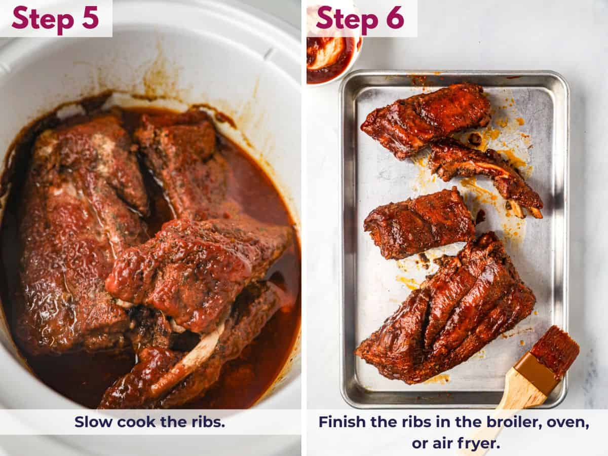 Slow cooking ribs until tender, then finishing them under a broiler, in the oven, or in an air fryer for a caramelized BBQ glaze