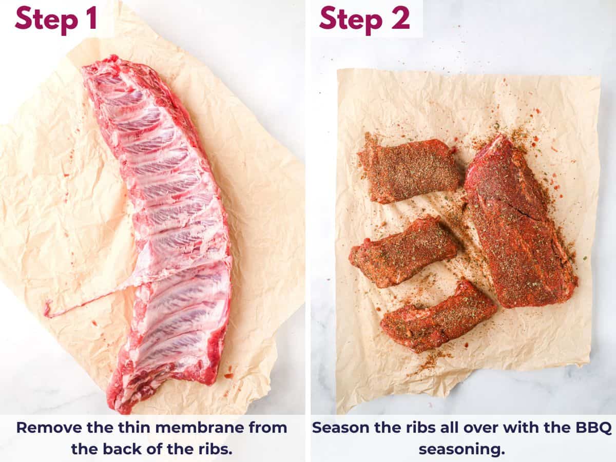 Removing the membrane from the back of the ribs and seasoning all sides with BBQ seasoning before cooking