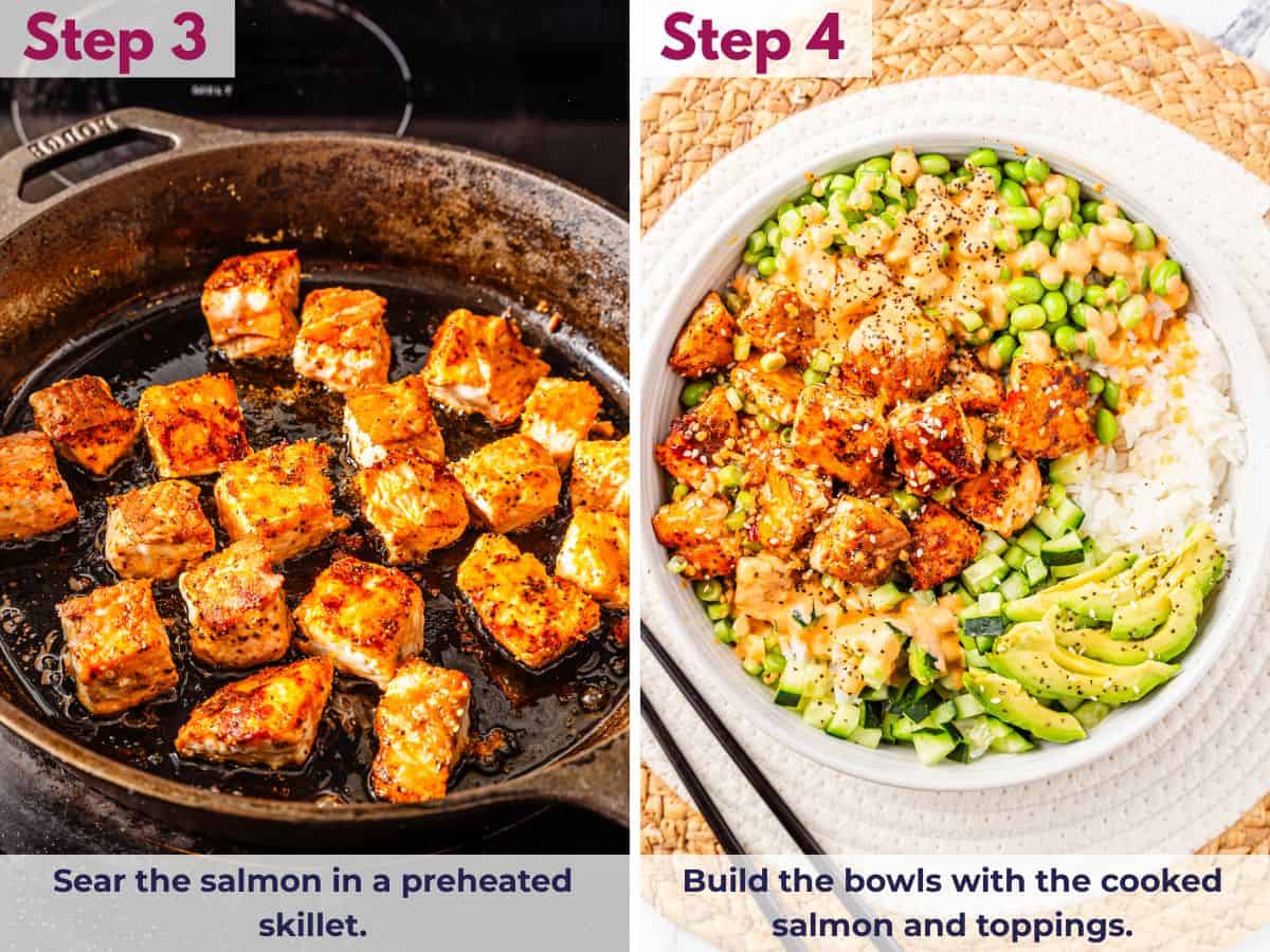 Searing salmon in a hot skillet, then assembling bowls with cooked salmon and fresh toppings.
