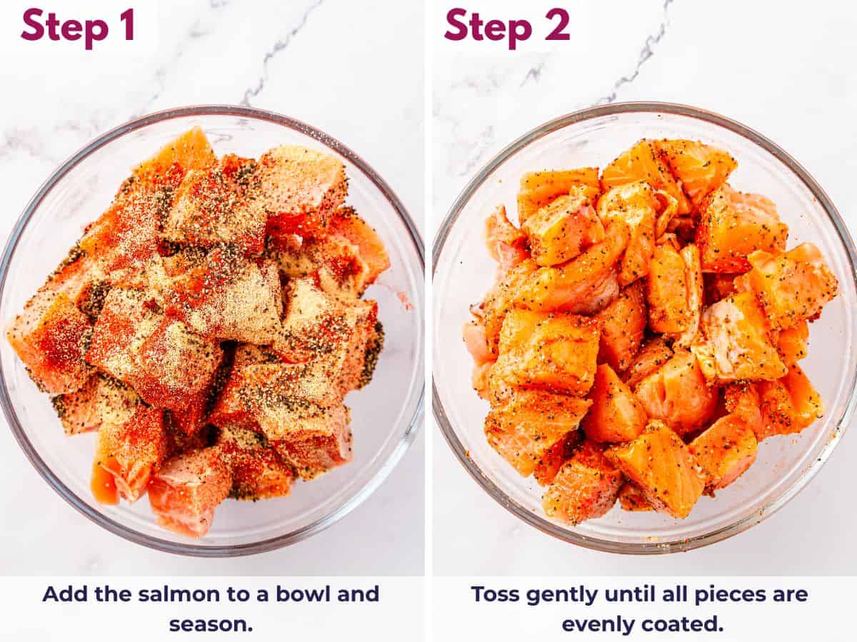 Salmon pieces seasoned in a bowl and gently tossed until evenly coated with spices and oil.