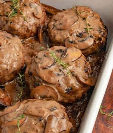 Tender oven hamburger steaks topped with mushroom onion sauce