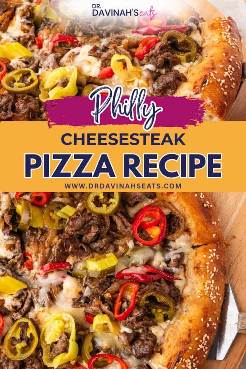 Philly cheesesteak pizza recipe topped with sautéed peppers and onions