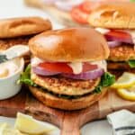 Golden salmon burger with canned salmon on a toasted bun
