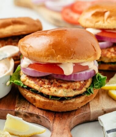 Golden salmon burger with canned salmon on a toasted bun