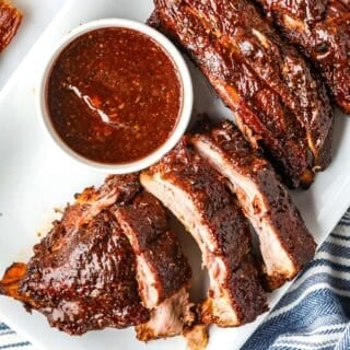 Slow cooker ribs with caramelized BBQ coating and dipping sauce