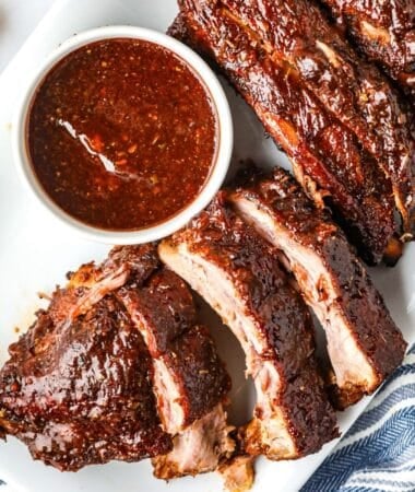 Slow cooker ribs with caramelized BBQ coating and dipping sauce