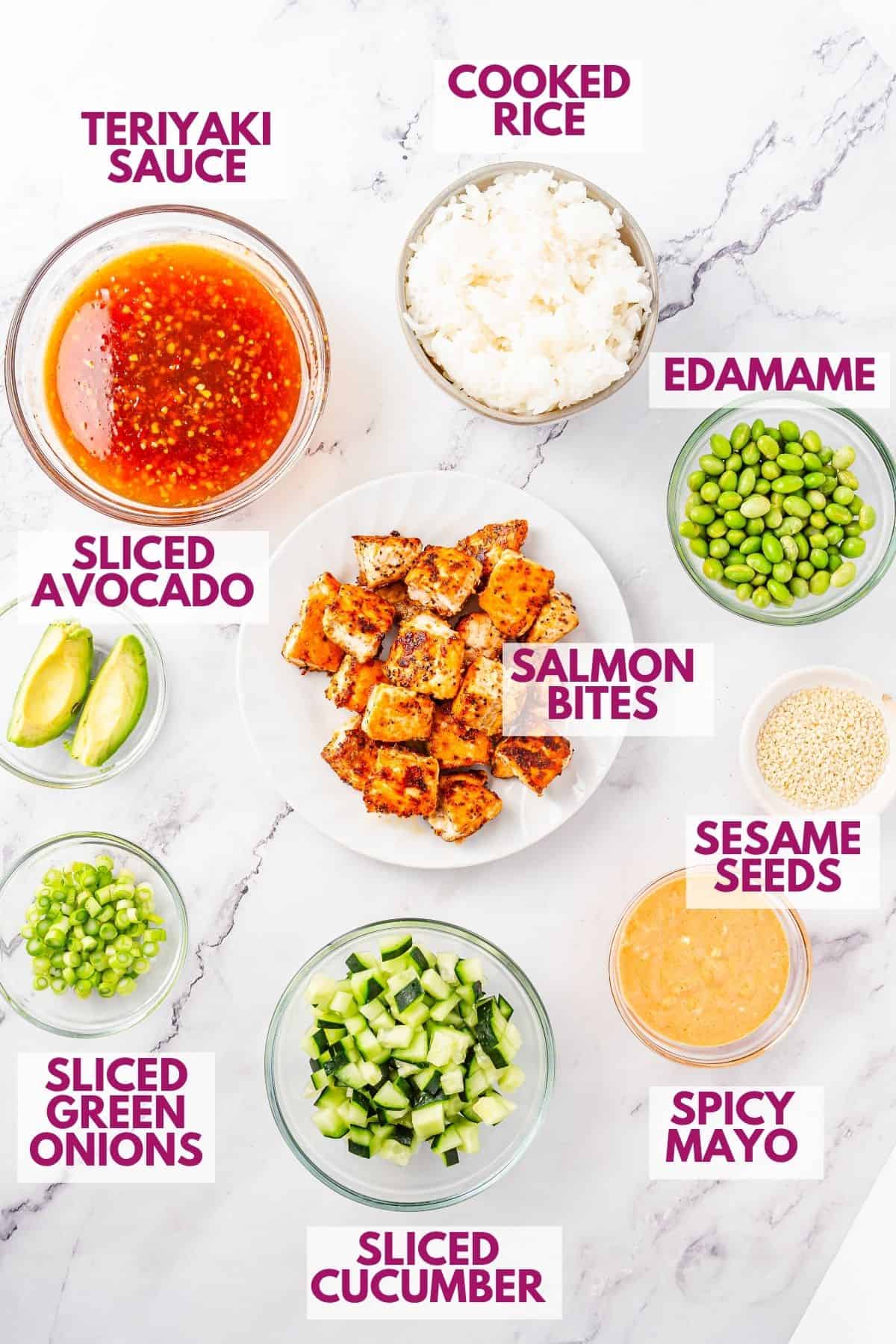 ingredients to male teriyaki salmon bowl