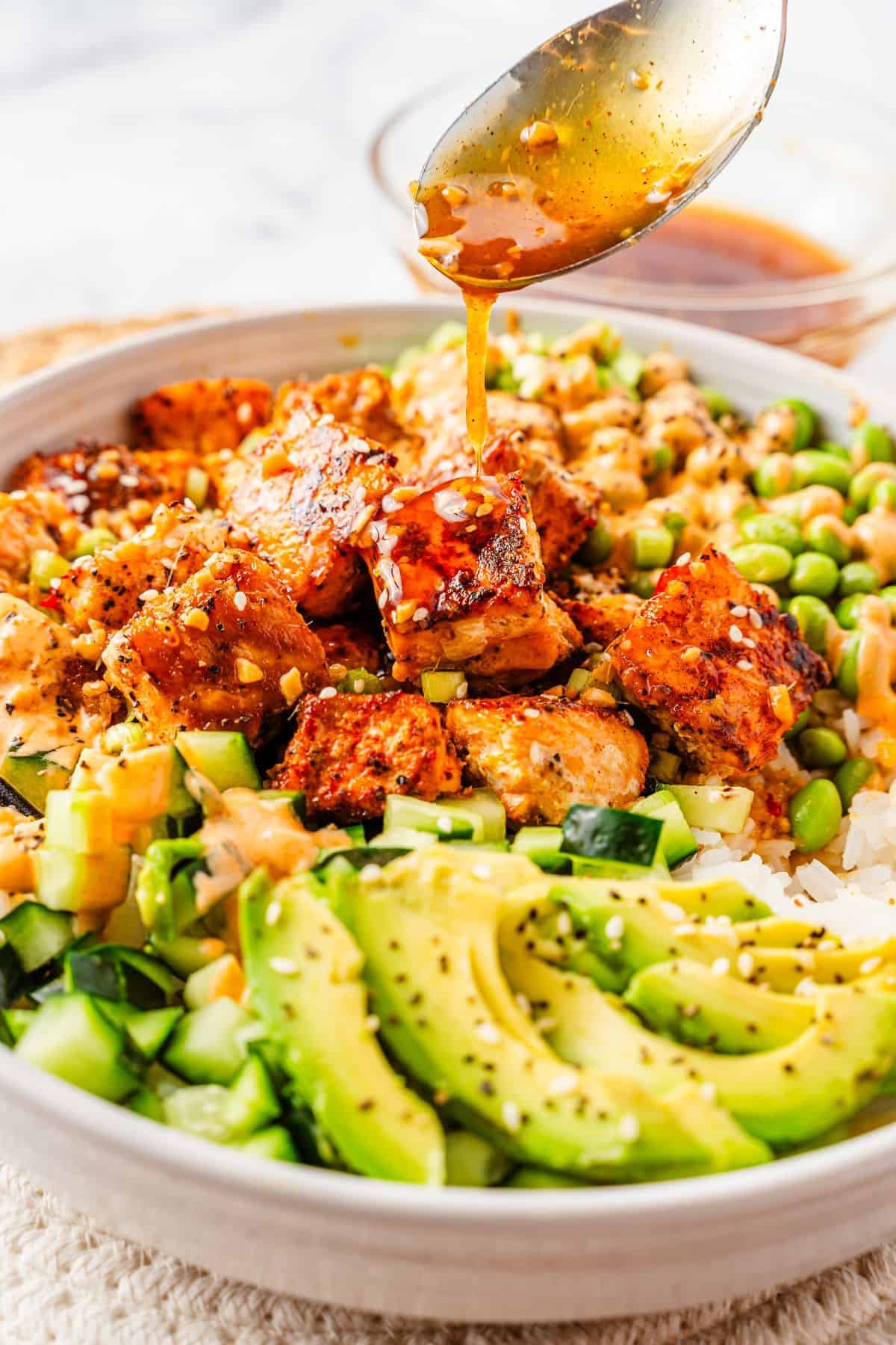 Salmon teriyaki bowl with glossy salmon and fluffy rice
