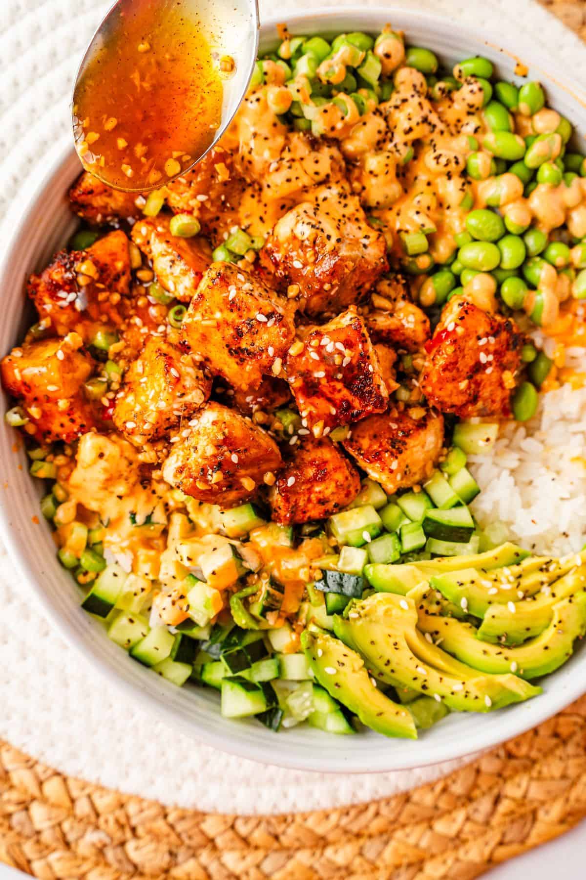 Easy salmon teriyaki rice bowl with fresh and colorful toppings