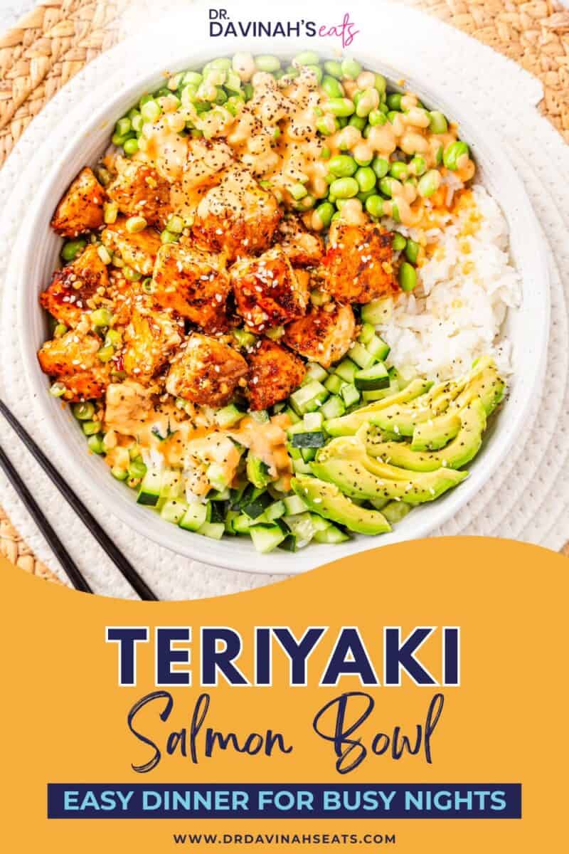 Homemade teriyaki salmon bowls with creamy avocado and spicy mayo