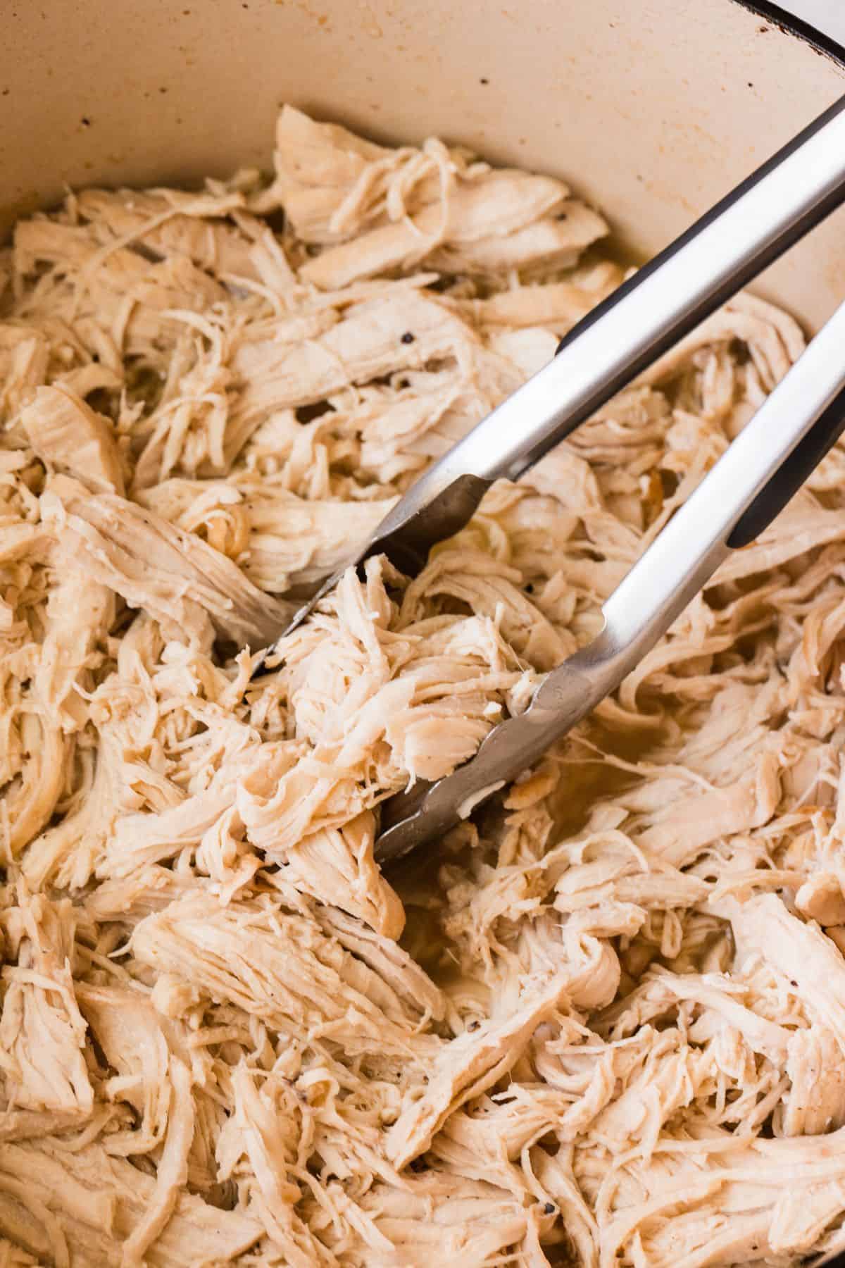 Dutch oven shredded chicken thighs cooked until fall-apart tender