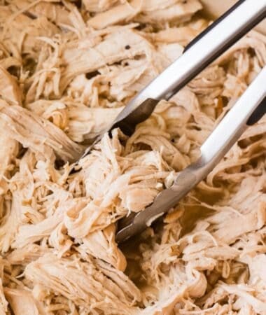 Shredded chicken in Dutch oven seared and slow braised in butter